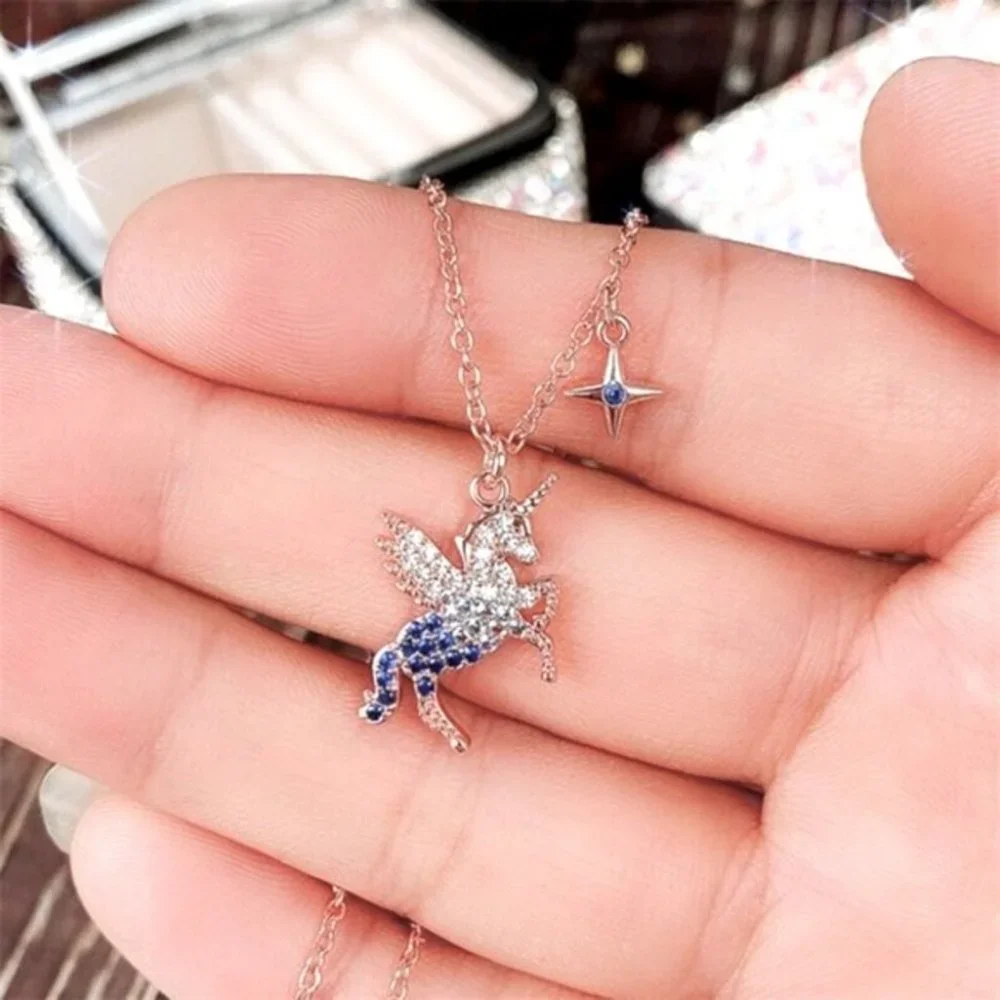 NEW 14k Rose Gold Plated 925 Silver Sapphire Unicorn Necklace